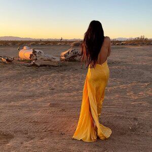high leg slit gold satin dress (brand unknown) - one size fits all